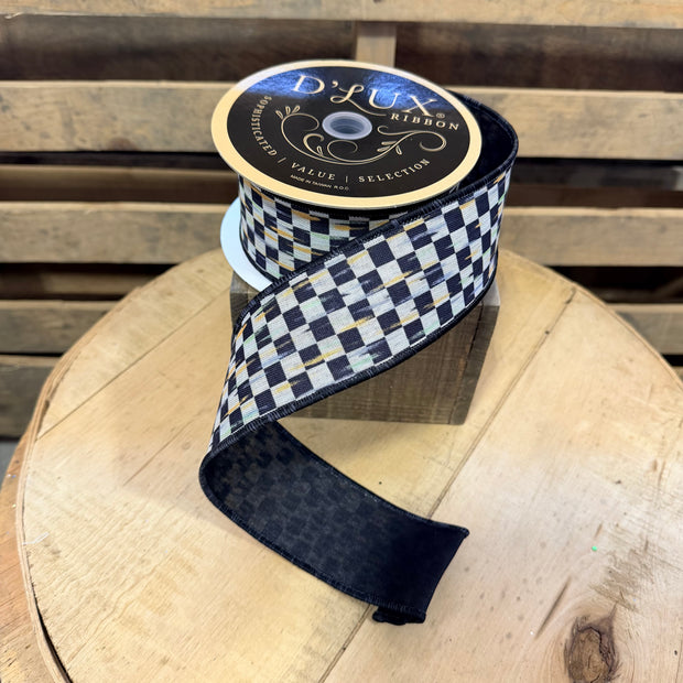 2.5” x 10yd Black and white mini  antique check d’lux ribbon - LX322559