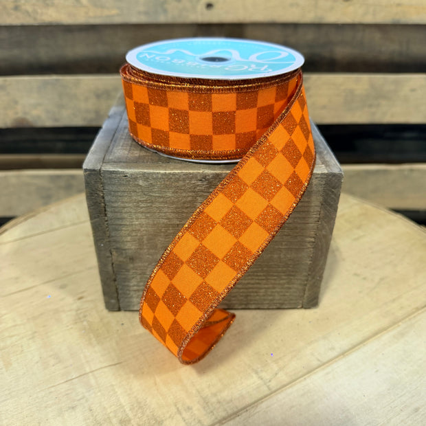 1.5 ” x 10yd  Orange glitter check Wired Ribbon - RGH105920