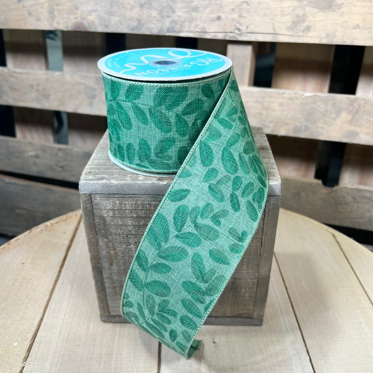 2.5" x 10Y sage green leaves Wired Ribbon - RGC1198AM