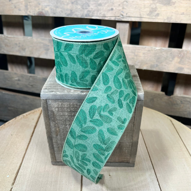 2.5" x 10Y sage green leaves Wired Ribbon - RGC1198AM
