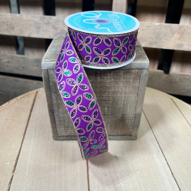 1.5" x 10y glitter quadrefoil Mardi Gras  Wired Ribbon - RGE192523