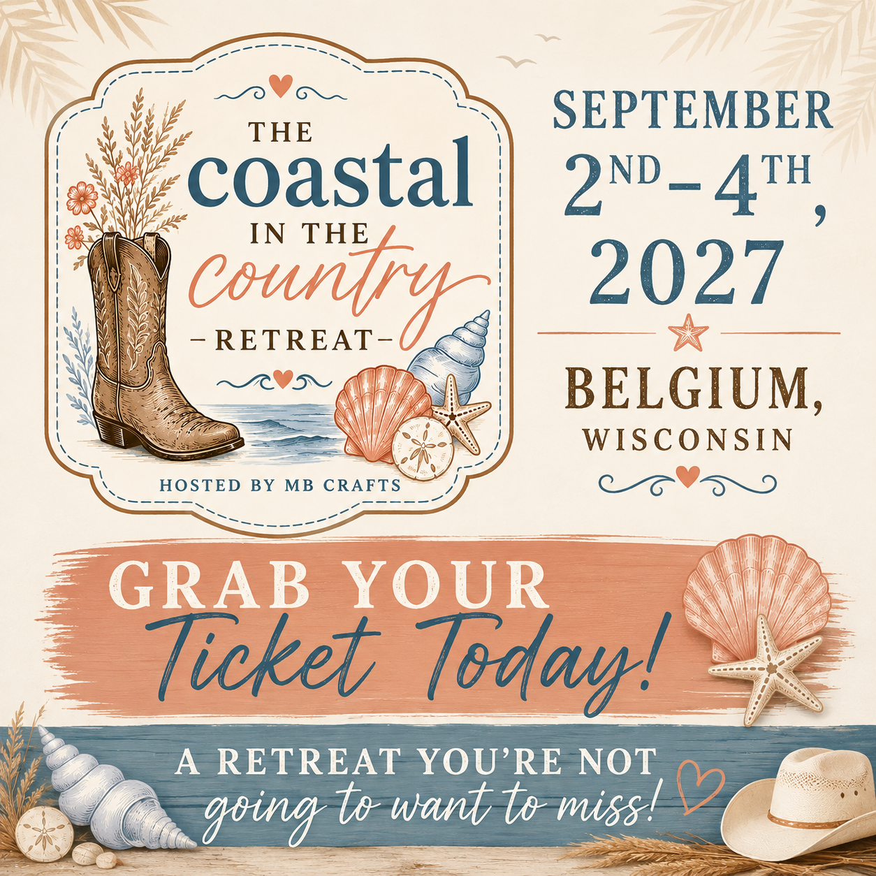 The Coastal in the Country Retreat - In Person Event - September 2nd-4th, 2027 in Belgium WI