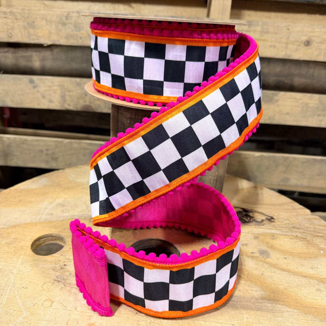 2.5” x  10yd Large Black/White Check with Orange and Pink Pom Pom Edging w/ Pink Backing Wired Ribbon - 9802W-031-63E
