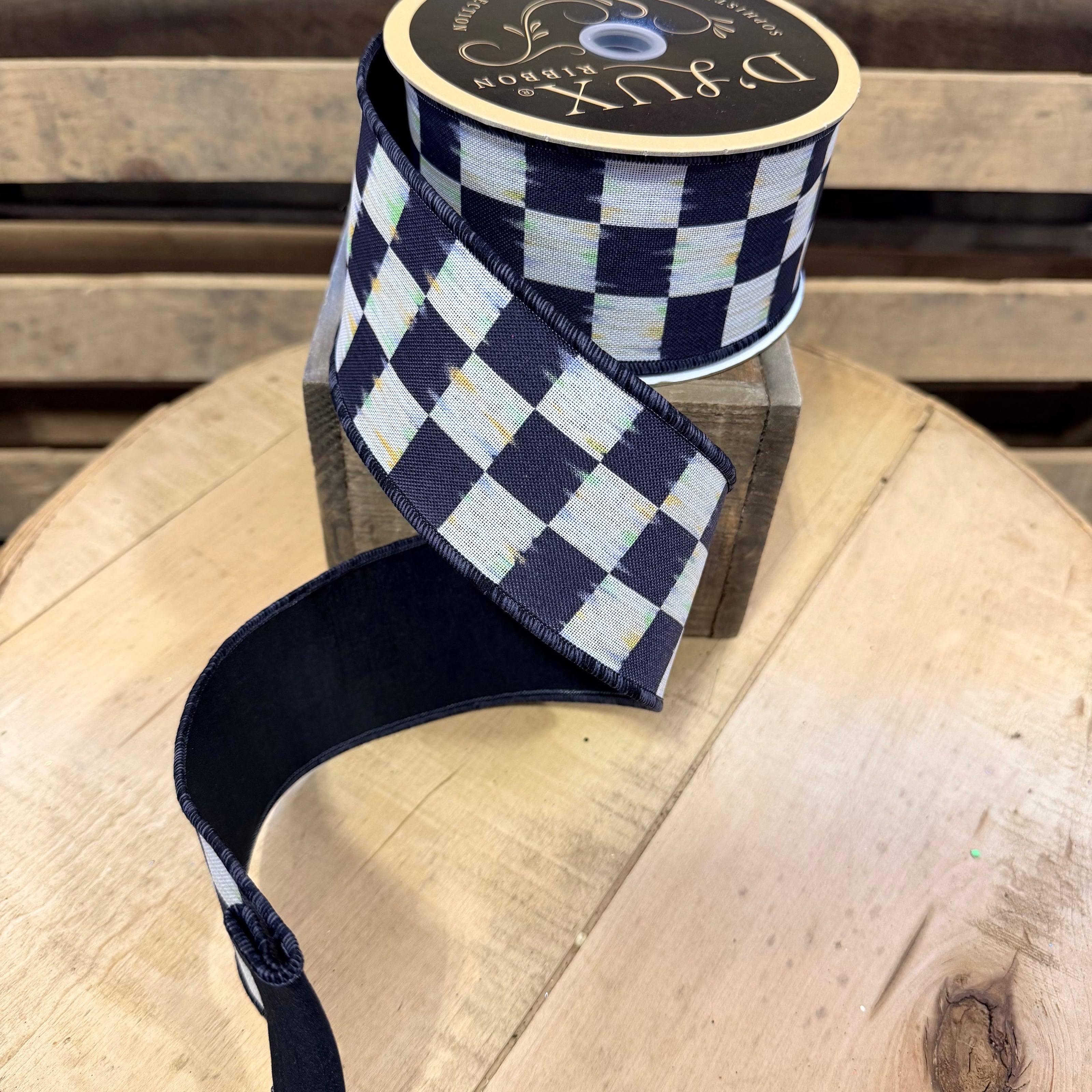 2.5” x 10yd Black and white antique check d’lux ribbon - LX3073