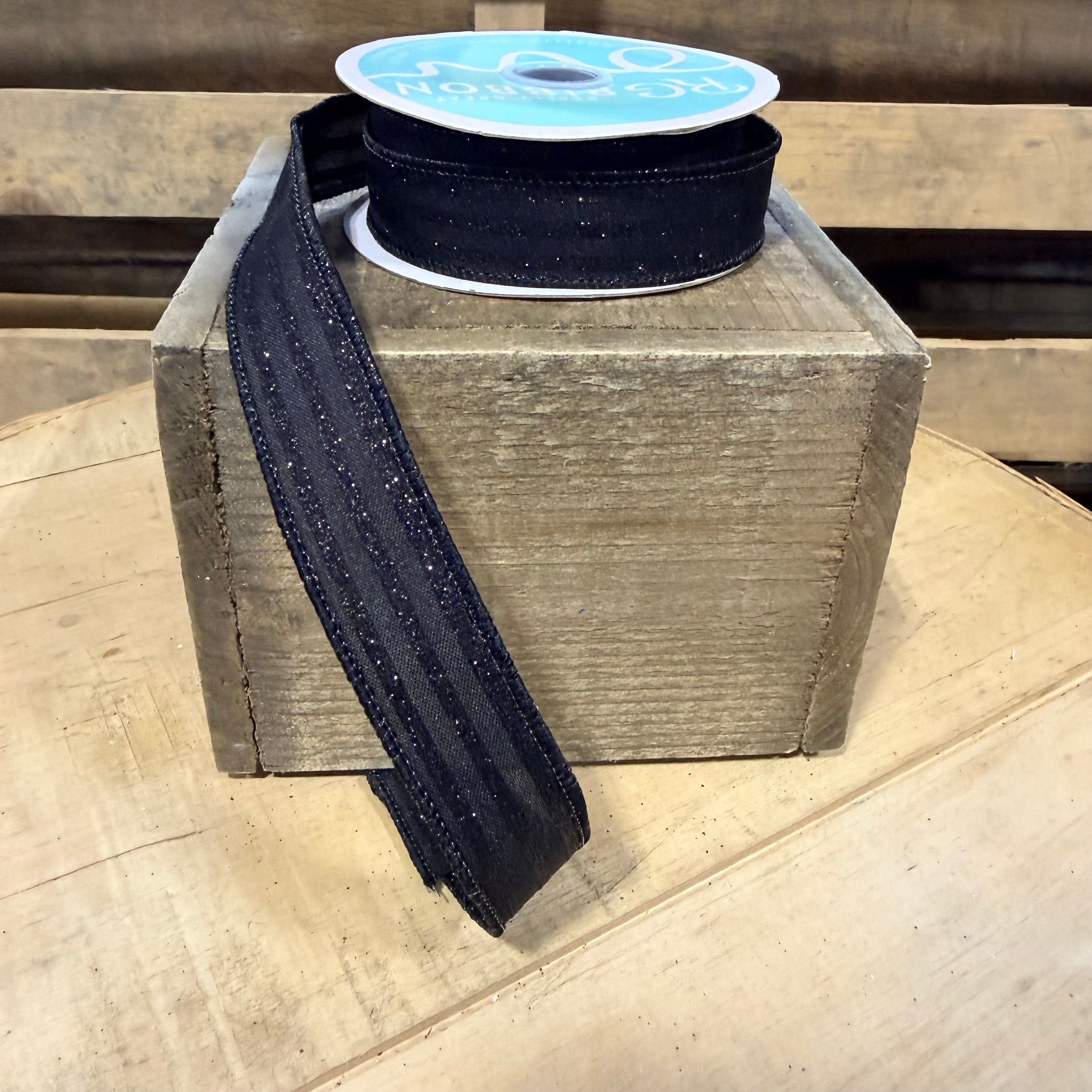 7/8” x 10Y Black Glitter stripe  Wired Ribbon - RGF797002