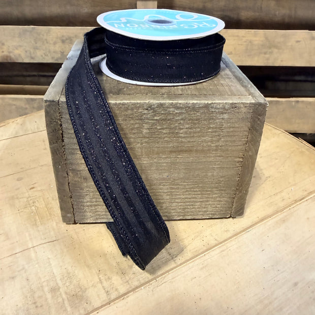 7/8” x 10Y Black Glitter stripe  Wired Ribbon - RGF797002