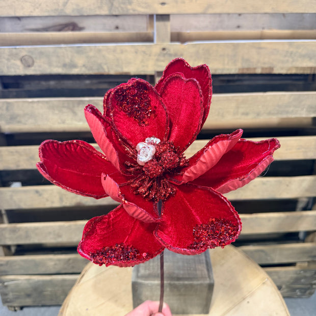 8.5"D  Red sequin magnolia stem  - XS766924
