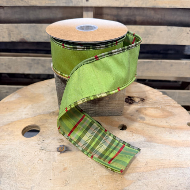 2.5" by 10Y Reversible Dupioni Ribbon | Moss w/ Moss Plaid Piping and Backing wired ribbon - 9122W-570-63E