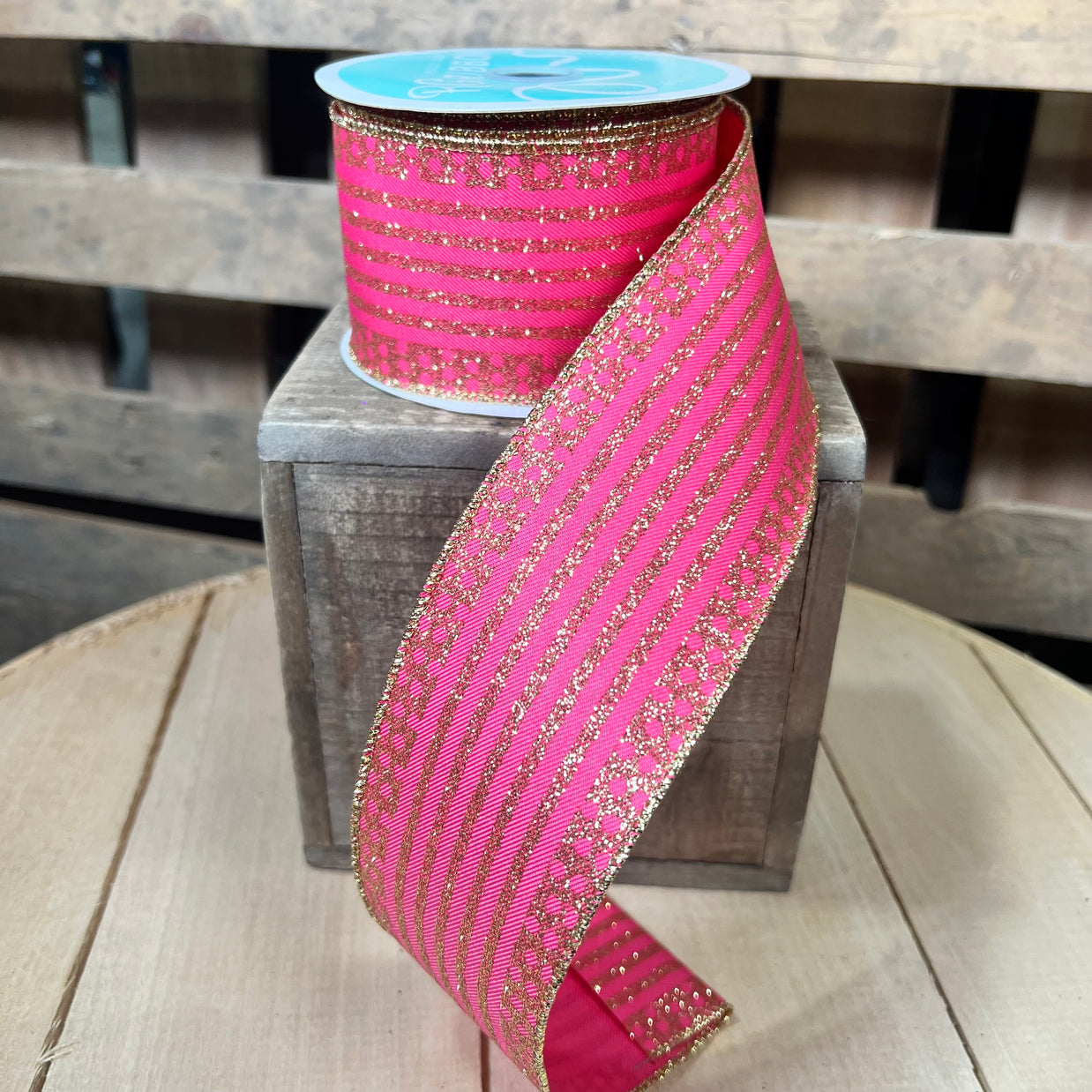 2.5" x 10y pink and gold stripe dot Wired Ribbon - RGF151011