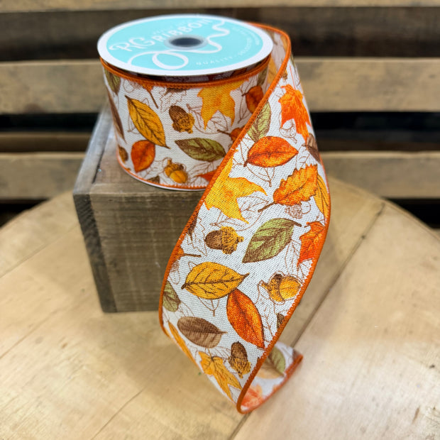 2.5” by 10y Fall leaves and acorns Wired Ribbon - RGF133937