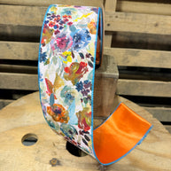 4” x  10yd Aqua and Orange Floral w/ Satin Orange Backing Wired Ribbon - 9778W-040-100E