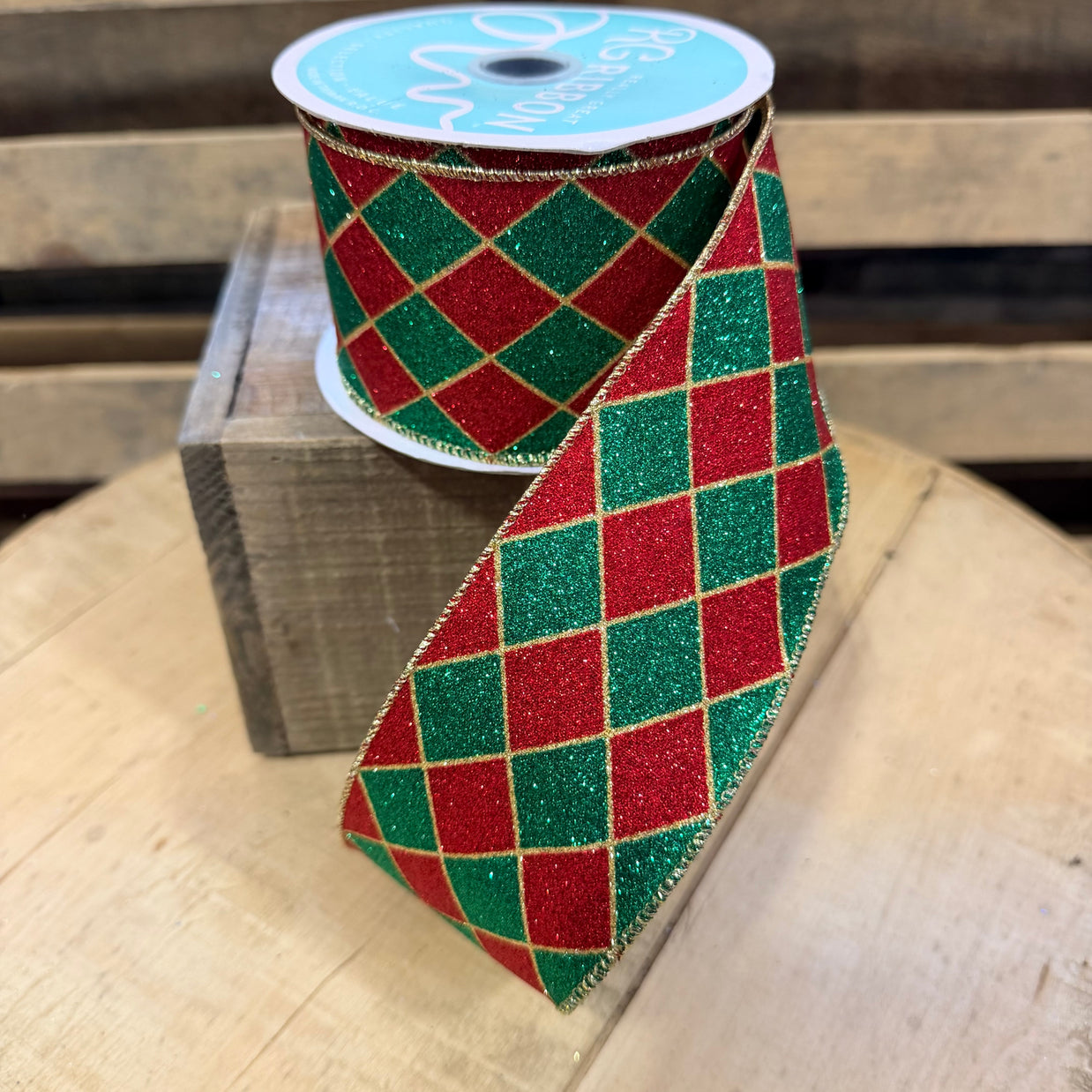 2.5” by 10y Christmas glitter harlequin  Wired Ribbon - RGH14224W