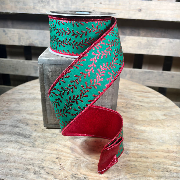 2.5” x 10yd Green and red garland d’lux ribbon - LX314658