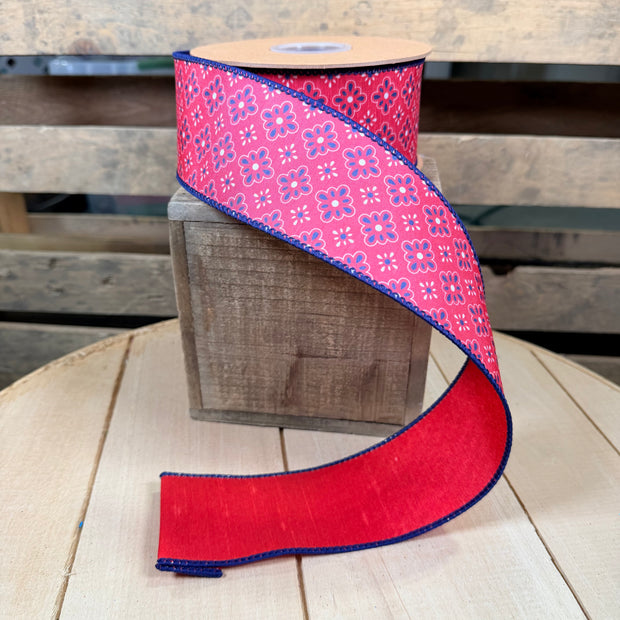 2.5" X 10YD Red/White/Blue Diamond Floral w/ Red Backing Wired Dupioni Ribbon - 9355W-032-63E
