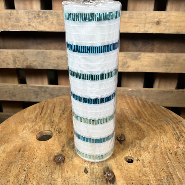 10" x 10Y white and blue foil stripe fine weave mesh - RY5036EX