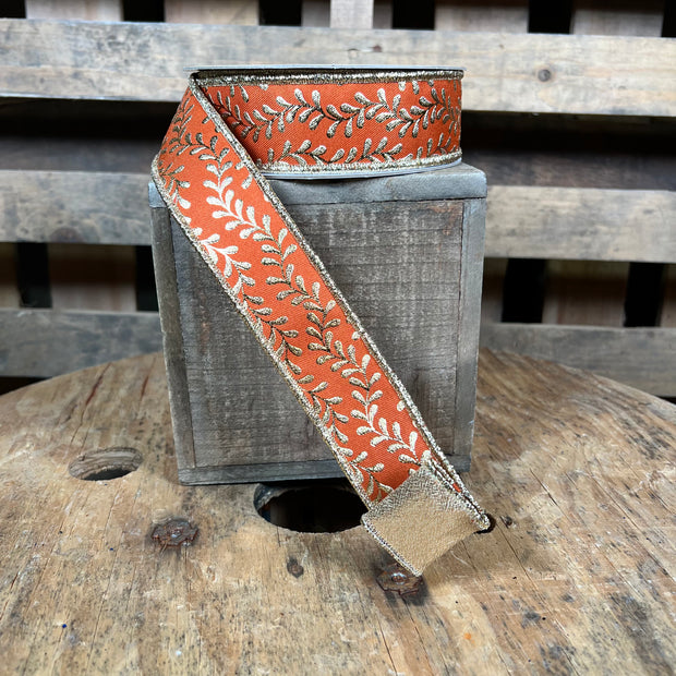 1.5” x 10yd orange and gold foil leave garland designer ribbon - LX3141T3