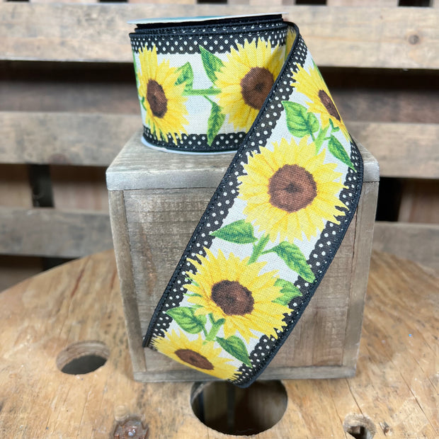 2.5"X10YD Sunflower with pokadot edge Wired Ribbon - RGE1105C2