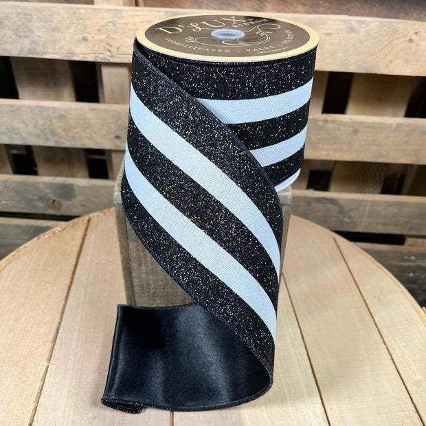 4” x 10yd black and white stripe designer ribbon - LX3306X6