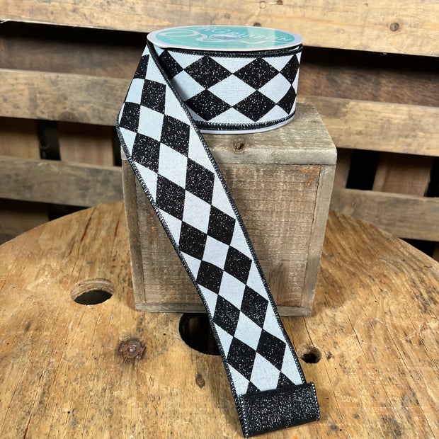 2"X10YD black and white harlequin with glitter backing Wired Ribbon - RGV001227