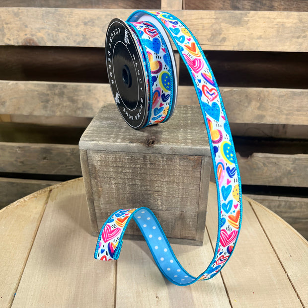 1” by 10y Blue Hearts and Polka Dots Wired Ribbon - Nancy Brown Home - 26-2627A