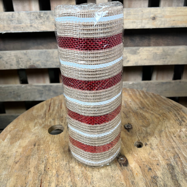 10" x 10Y natural jute and red tinsel  stripe mesh - RY800949