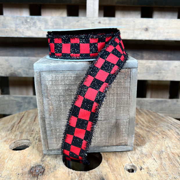 1.5"X10YD red and black glitter check Wired Ribbon - RG0834724