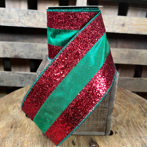 4” x 10yd metallic Dupioni glitter boarder Christmas Wired Ribbon - RGA80263K