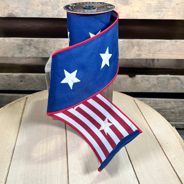 4” by 5y Red White and Blue Star and Striped double sided Wired Ribbon - Nancy Brown Home - 26-2083