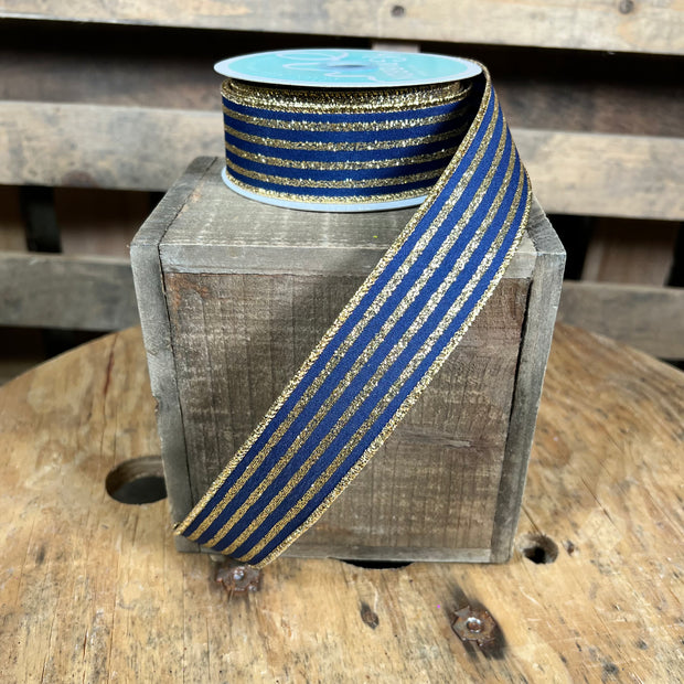 1.5”x 10yd navy blue and gold glitter stripe Wired Ribbon - RGF1972WA