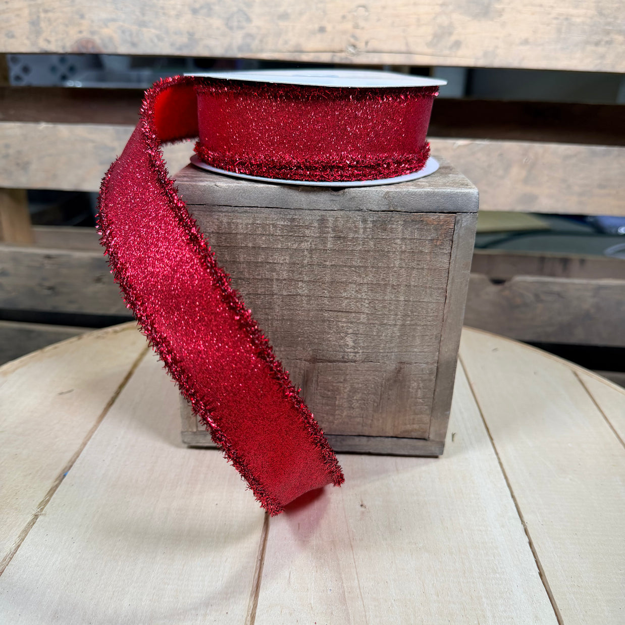 1.5" x 10Y Red glitter with tinsel edge Wired Ribbon - RGA830824