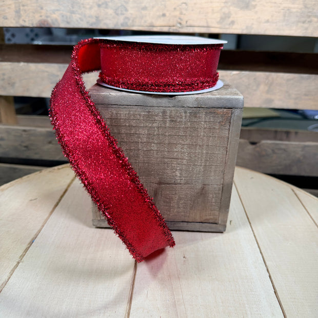 1.5" x 10Y Red glitter with tinsel edge Wired Ribbon - RGA830824