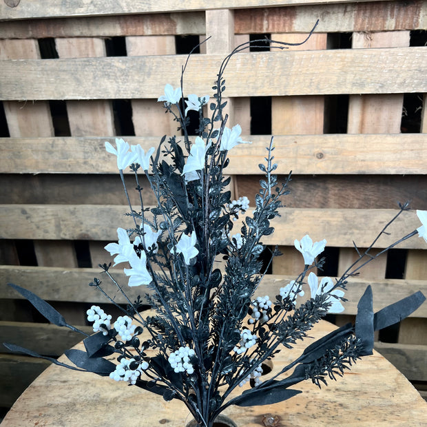 24"L FABRIC FLOWER/EVA LEAF/BEADS SPRAY - BLACK AND WHITE  -  FH807178