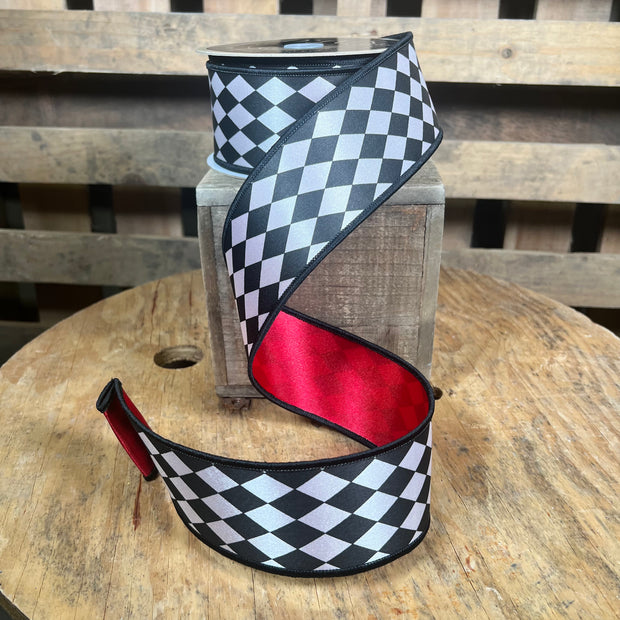 2.5” x 10yd Black and white harlequin red backed d’lux ribbon - LX3053MA