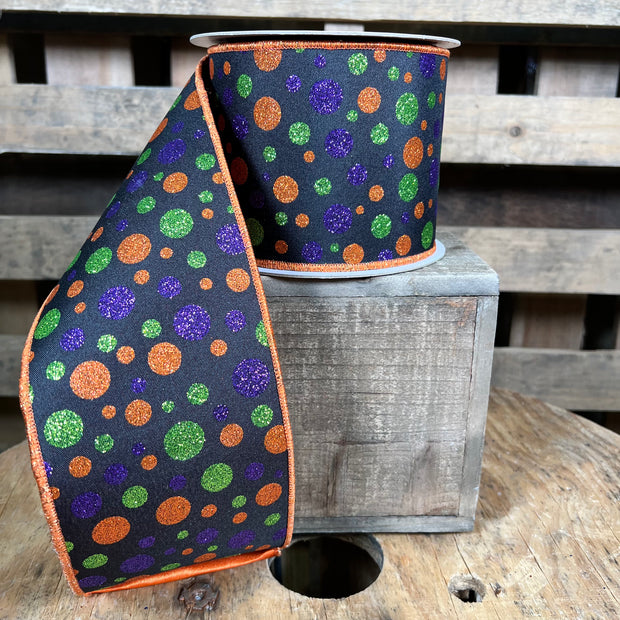 4” x 10yd Halloween glitter dot designer ribbon - LX317402