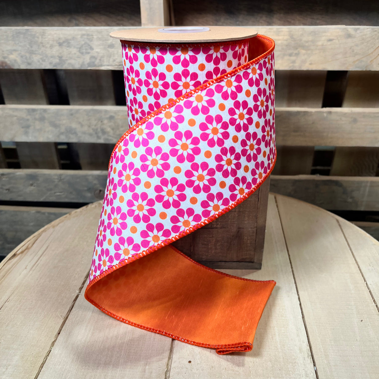 4" by 10Y Pink and Orange floral wired ribbon - 9396W -005-100E