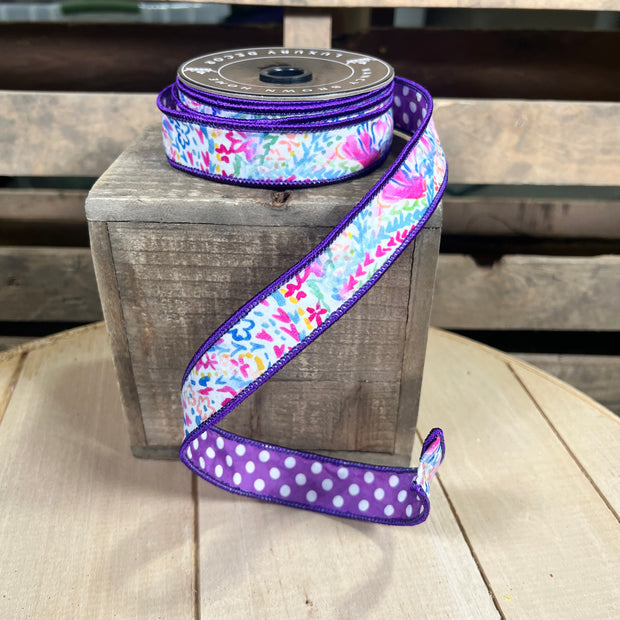 1” by 10y Purple Floral and Polka Dots Wired Ribbon - Nancy Brown Home - 26-2531A