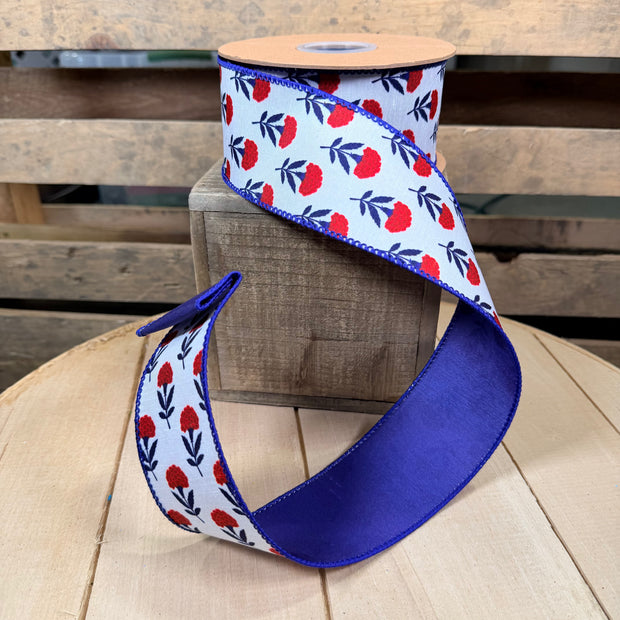 2.5" X 10YD Red/White/Blue Floral w/ Blue Backing  Wired Dupioni Ribbon - 9354W-032-63E
