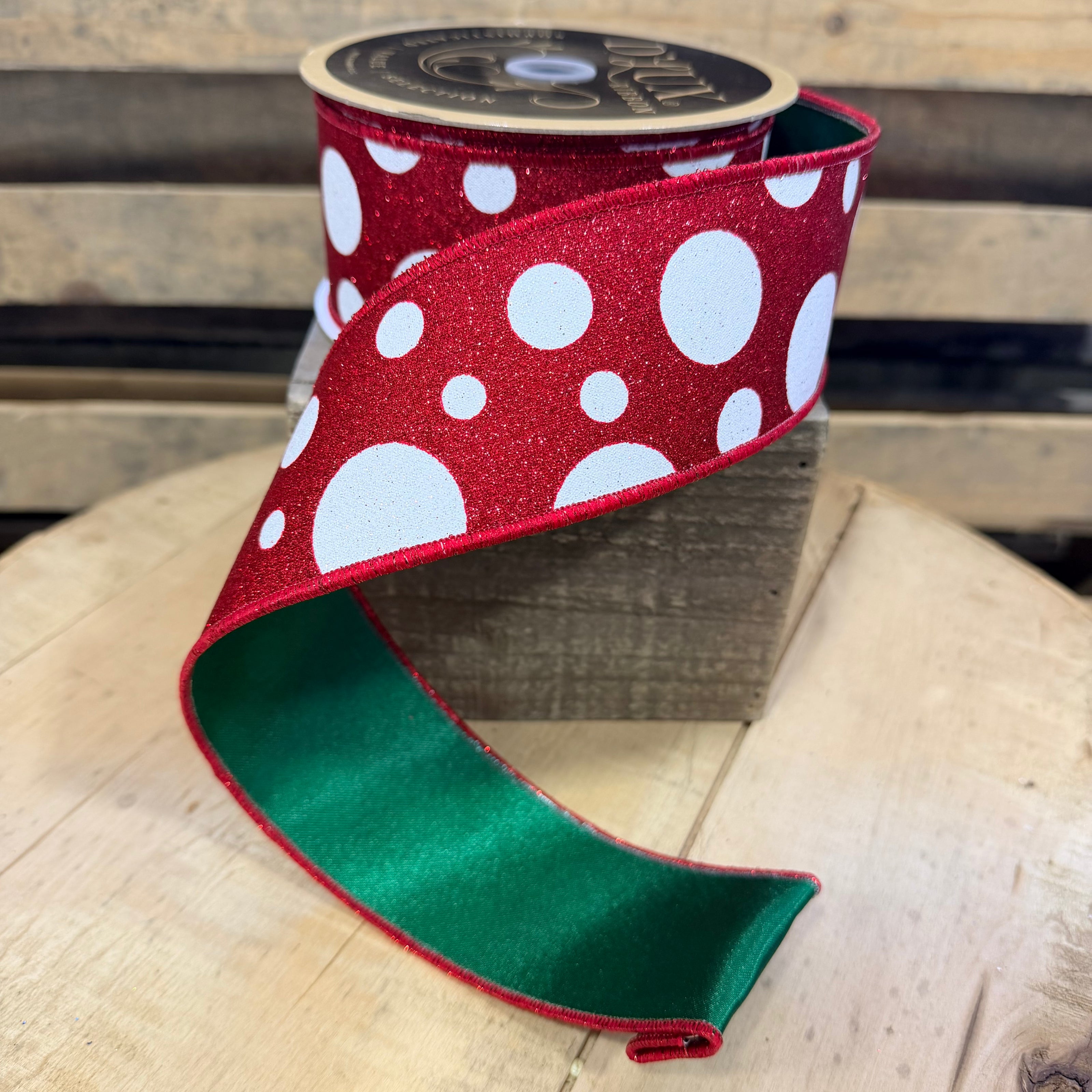 2.5” x 10yd Green and Red glitter dot double sided d’lux ribbon - LX323967