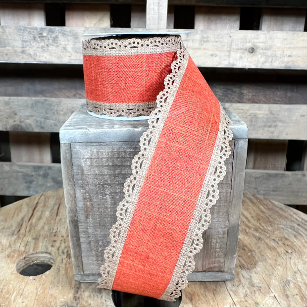 2.5"X10YD orange and brown lace edge Wired Ribbon - RGA1546X