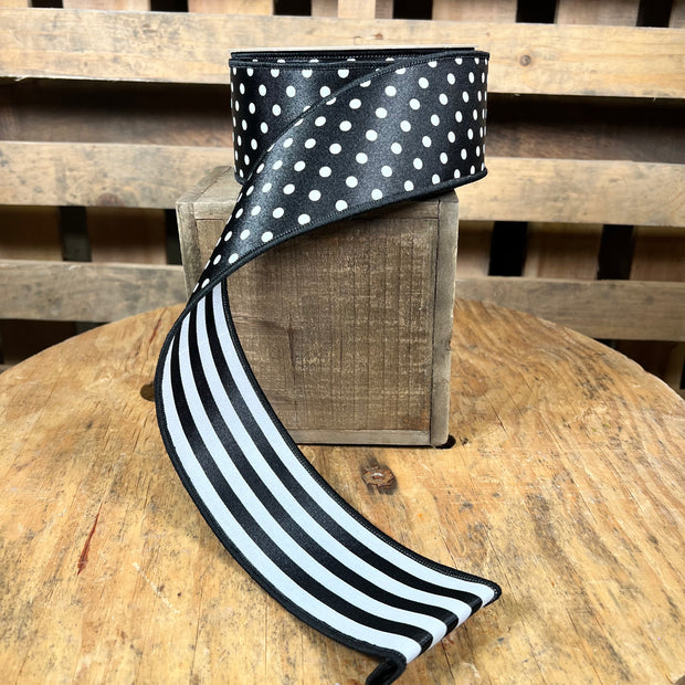 2.5” x 10yd Black polka dot and stripe double sided d’lux  ribbon - LX305602