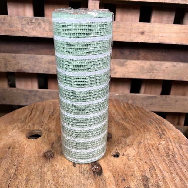 10" x 10Y sage green and white jute stripe mesh - RY8018R8