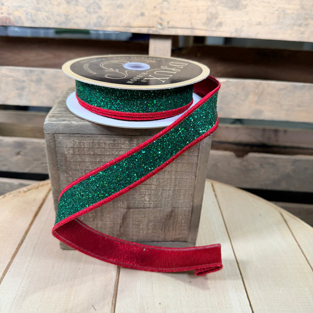 7/8" x 10Y Red glitter with emerald green backing Deluxe Wired Ribbon - LX327006