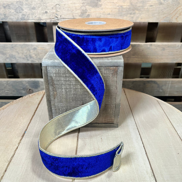 1.5" by 10 Yard Royal blue velvet with gold backing wired ribbon - 7416W-329-38E