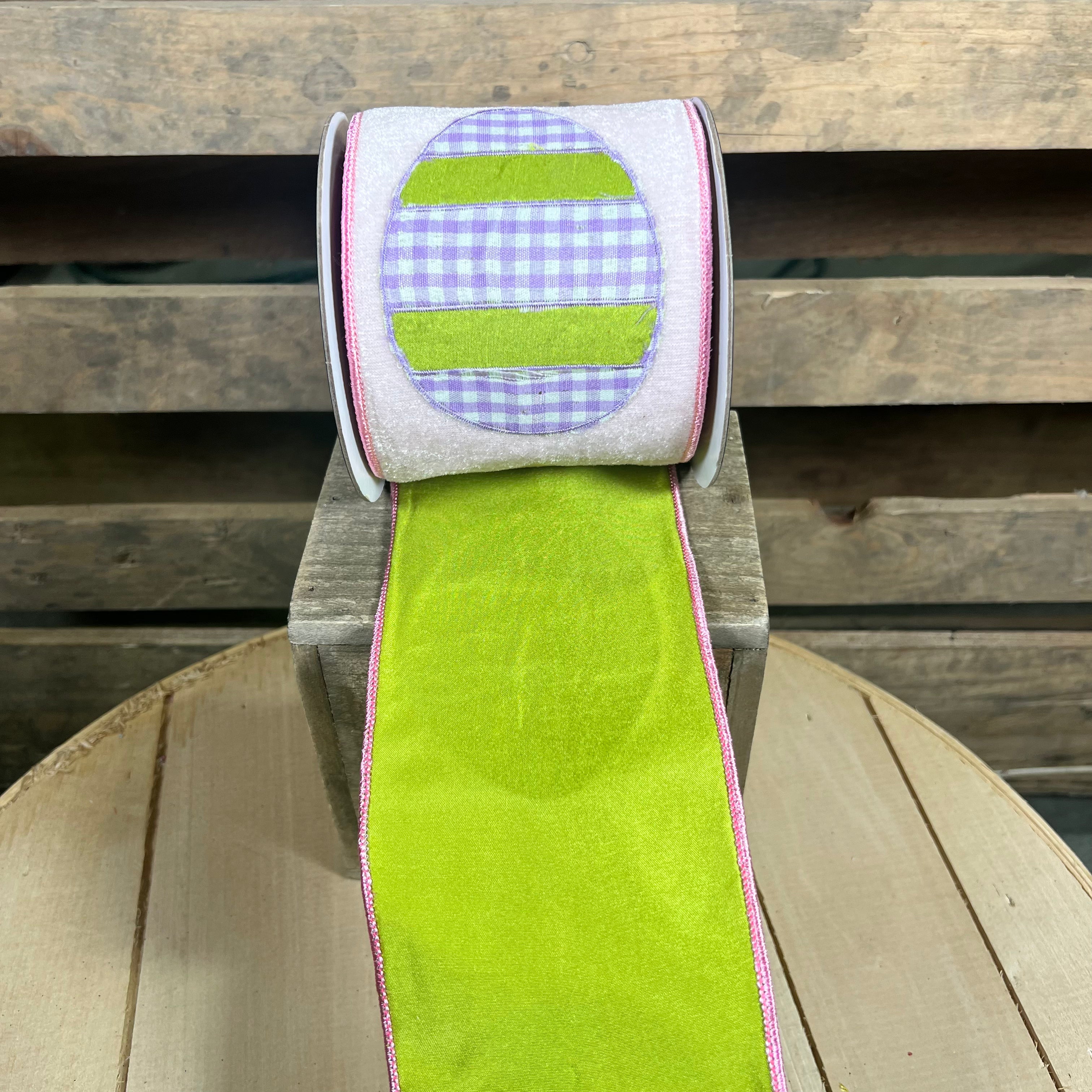 4” by 5y Pink and Lime Green with Eggs Double Sided Wired Ribbon - Nancy Brown Home -26-1188