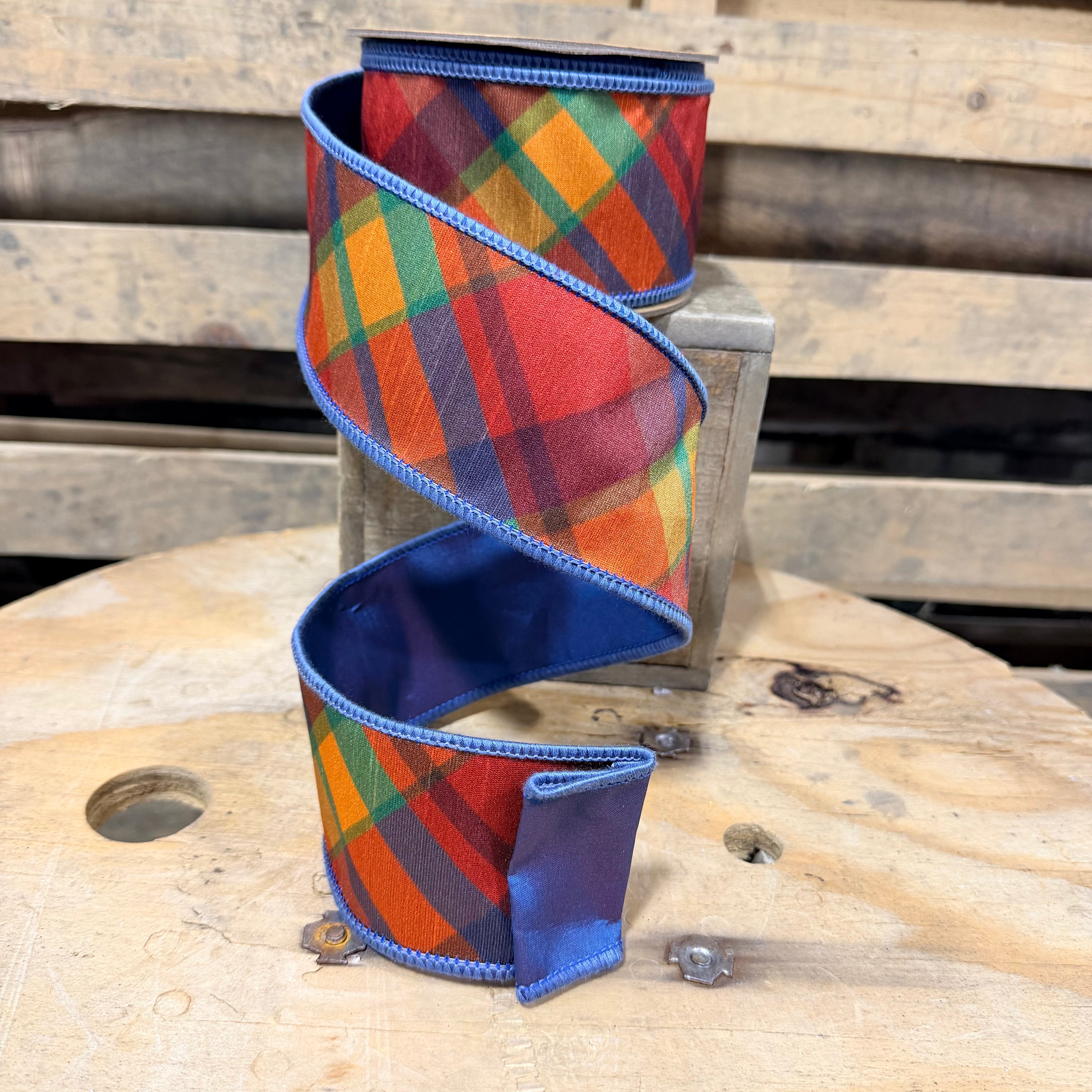 2.5” x  10yd Large Orange/Teal Plaid Bias Cut w/ Blue Backing Wired Ribbon - 6929W-369-63E