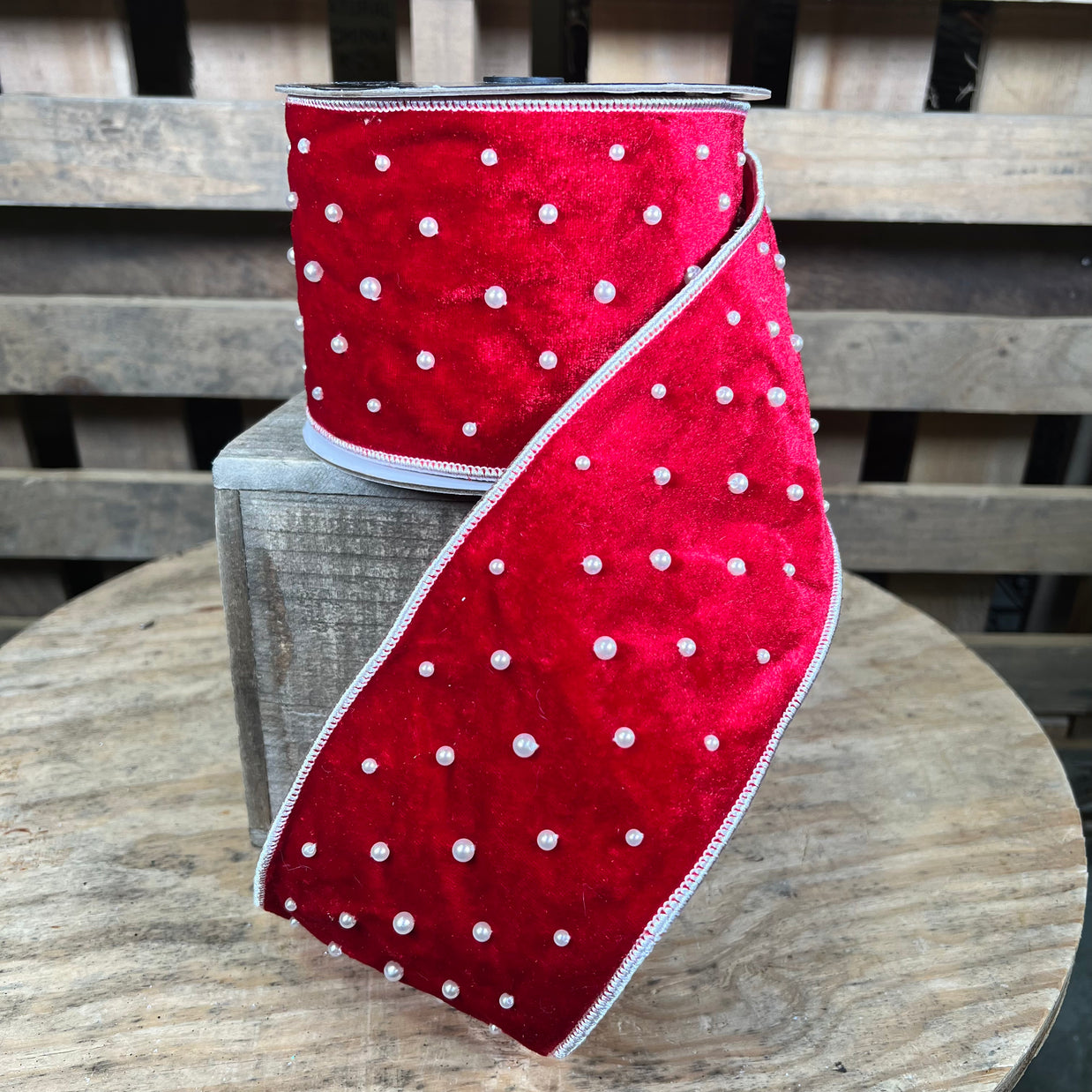 4" x 5y, Red velvet and pearls designer ribbon - 25-375-R4