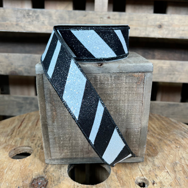 1.5"X10YD black and white glitter stripe Wired Ribbon - RGA1297X6