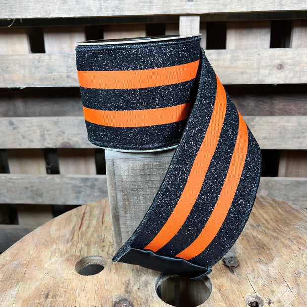 4” x 10yd orange and black stripe designer ribbon - LX309620