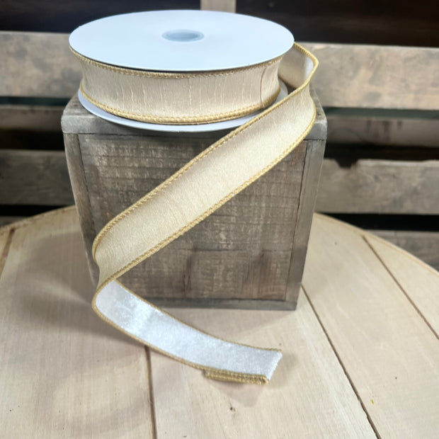 1" x 10Y tan dupioni ivory double sided Wired Ribbon - D43615-10-15