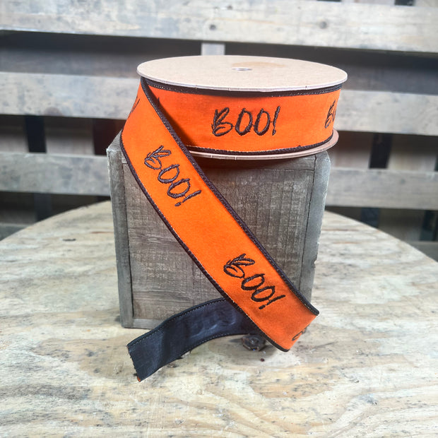 1.5” x 10yd Orange Boo Embroidered 
with Black Backing - 6910W-058-38E